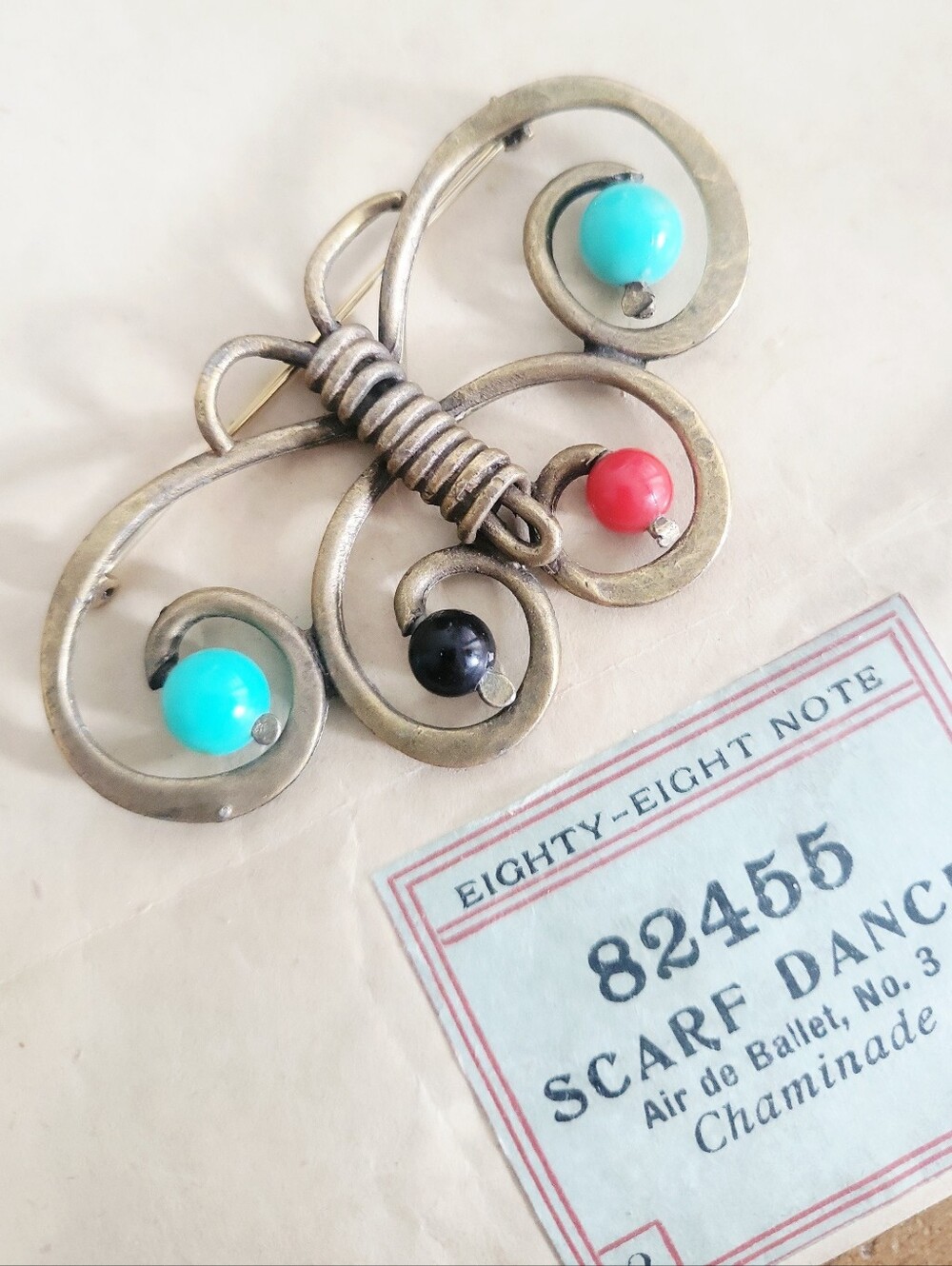 Vintage Brass Metal Butterfly Beaded Brooch Pin